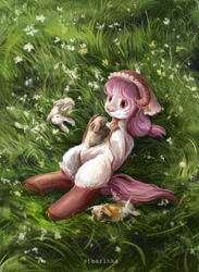 Size: 1280x1750 | Tagged: safe, artist:stearinka, oc, oc only, goat, goat pony, hybrid, pony, rabbit, animal, bonnet, clothes, female, field, goat horns, horns, lying down, mare, socks, solo