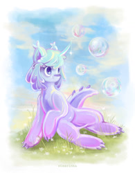 Size: 1280x1645 | Tagged: safe, artist:stearinka, oc, oc only, oc:star moonlight, goo, goo pony, original species, pony, bubble, commission, curved horn, female, horn, mare, sitting, solo