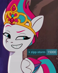 Size: 3277x4096 | Tagged: safe, edit, edited screencap, screencap, zipp storm, pegasus, pony, derpibooru, g5, lavarynth, my little pony: tell your tale, spoiler:g5, spoiler:my little pony: tell your tale, cropped, crown, eyebrows, female, grin, jewelry, mare, meta, raised eyebrow, regalia, smiling, solo, tags