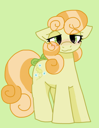 Size: 1400x1800 | Tagged: safe, artist:puppie, junebug, earth pony, pony, g4, blushing, bow, cute, green background, heart, heart eyes, simple background, solo, tail, tail bow, wingding eyes