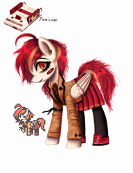 Size: 1920x2500 | Tagged: safe, artist:menalia, pegasus, pony, robot, robot pony, ahoge, bandaid, clothes, famicom, female, looking at you, mare, messy mane, necktie, pixel art, ponified, reference, shoes, simple background, skirt, stockings, suit, thigh highs, white background, wings
