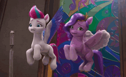 Size: 1752x1078 | Tagged: safe, screencap, pipp petals, zipp storm, pegasus, pony, g5, my little pony: make your mark, my little pony: make your mark chapter 6, roots of all evil, spoiler:g5, spoiler:my little pony: make your mark, spoiler:my little pony: make your mark chapter 6, spoiler:mymc06e03, animated, caught, falling, female, flying, gif, magic, mare, restrained, restraints, stained glass, station, zephyr heights, zephyr heights terminal