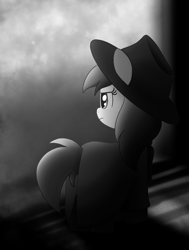 Size: 1359x1794 | Tagged: safe, artist:algoatall, noi, earth pony, pony, g4, clothes, female, filly, foal, grayscale, hat, monochrome, noi is not amused, noir, solo