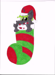 Size: 10200x14032 | Tagged: safe, artist:acid flask, oc, oc:changeling dox, changeling, candy, candy cane, changeling oc, christmas, christmas stocking, colored, colored pencil drawing, colored pencils, cute, drawing, food, green changeling, happy, hat, holiday, male, profile picture, santa hat, simple background, smiling, solo, stallion, traditional art, white background