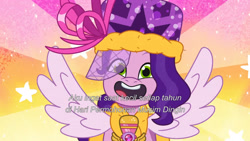 Size: 3072x1727 | Tagged: safe, screencap, pipp petals, pegasus, pony, equestria's got talent, g5, my little pony: tell your tale, spoiler:g5, spoiler:my little pony: tell your tale, spoiler:tyts01e69, adorapipp, cute, female, indonesian, mare, microphone, solo, spread wings, subtitles, wings