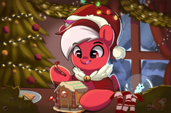 Size: 2295x1520 | Tagged: safe, artist:joaothejohn, oc, oc only, oc:flamebrush, pegasus, pony, candies, candy, candy cane, christmas, christmas lights, christmas tree, clothes, food, gingerbread (food), gingerbread house, gingerbread pony, hat, holiday, looking down, pegasus oc, santa hat, snow, snow globe, tongue out, tree, window, winter