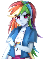 Size: 1068x1324 | Tagged: safe, artist:pulse, rainbow dash, equestria girls, g4, clothes, collar, eye clipping through hair, eyebrows, female, hair, raised eyebrow, shirt, simple background, skirt, solo, t-shirt, teenager, white background, wristband