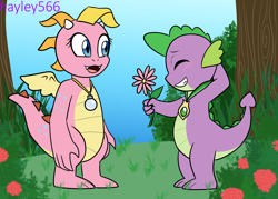 Size: 2164x1548 | Tagged: safe, artist:hayley566, spike, dragon, g4, bush, cassie (dragon tales), casspike, commission, crossover, crossover shipping, dragon tales, duo, eyes closed, female, flower, grass, grin, jewelry, male, medal, necklace, open mouth, shipping, smiling, straight, tree