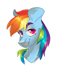 Size: 3700x4500 | Tagged: safe, artist:k0potb, rainbow dash, pegasus, pony, g4, bust, chest fluff, colored, cute, dashabetes, ear fluff, eyebrows, female, looking at you, mare, multicolored hair, portrait, rainbow hair, red eyes, signature, simple background, smiling, smiling at you, solo, white background
