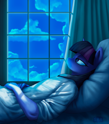 Size: 1430x1622 | Tagged: safe, artist:suhar, twilight sparkle, unicorn, anthro, g4, bed, clothes, cloud, curtains, dreamcore, female, lidded eyes, pillow, sky, solo, unicorn twilight, window