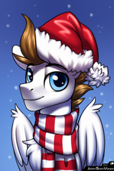 Size: 2000x3000 | Tagged: safe, artist:jedayskayvoker, oc, oc only, oc:core, pegasus, pony, bust, christmas, clothes, colored sketch, folded wings, gradient background, hat, high res, holiday, icon, looking at you, male, pegasus oc, portrait, santa hat, scarf, sketch, smiling, smiling at you, snow, snowfall, solo, stallion, striped scarf, wings