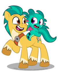 Size: 1280x1593 | Tagged: safe, artist:aleximusprime, hitch trailblazer, sparky sparkeroni, dragon, earth pony, pony, g5, my little pony: tell your tale, baby, baby dragon, cute, dragons riding ponies, duo, duo male, hitchbetes, looking at each other, looking at someone, male, open mouth, papa hitch, riding, show accurate, simple background, smiling, sparky riding hitch trailblazer, sparkybetes, stallion, style emulation, transparent background