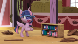 Size: 1920x1080 | Tagged: safe, screencap, twilight sparkle, alicorn, pony, diy with my little pony - carving contest, g4.5, my little pony: stop motion short, book, bookhorse, bookshelf, clapping, cute, solo, that pony sure does love books, twilight sparkle (alicorn)