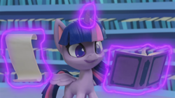 Size: 1920x1080 | Tagged: safe, screencap, twilight sparkle, alicorn, pony, g4, g4.5, my little pony: stop motion short, pinkie pie wants to play, book, cute, library, magic, magic aura, scroll, smiling, solo, twilight sparkle (alicorn), twilight's castle, twilight's castle library