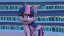 Size: 1920x1080 | Tagged: safe, screencap, twilight sparkle, alicorn, pony, g4.5, my little pony: stop motion short, pinkie pie wants to play, annoyed, cute, female, library, mare, open mouth, solo, twilight sparkle (alicorn), twilight sparkle is not amused, twilight's castle, twilight's castle library, unamused