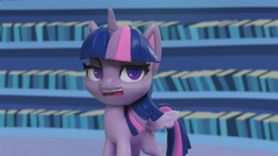 Size: 1920x1080 | Tagged: safe, screencap, twilight sparkle, alicorn, pony, g4, g4.5, my little pony: stop motion short, pinkie pie wants to play, annoyed, cute, female, library, mare, open mouth, solo, twilight sparkle (alicorn), twilight sparkle is not amused, twilight's castle, twilight's castle library, unamused