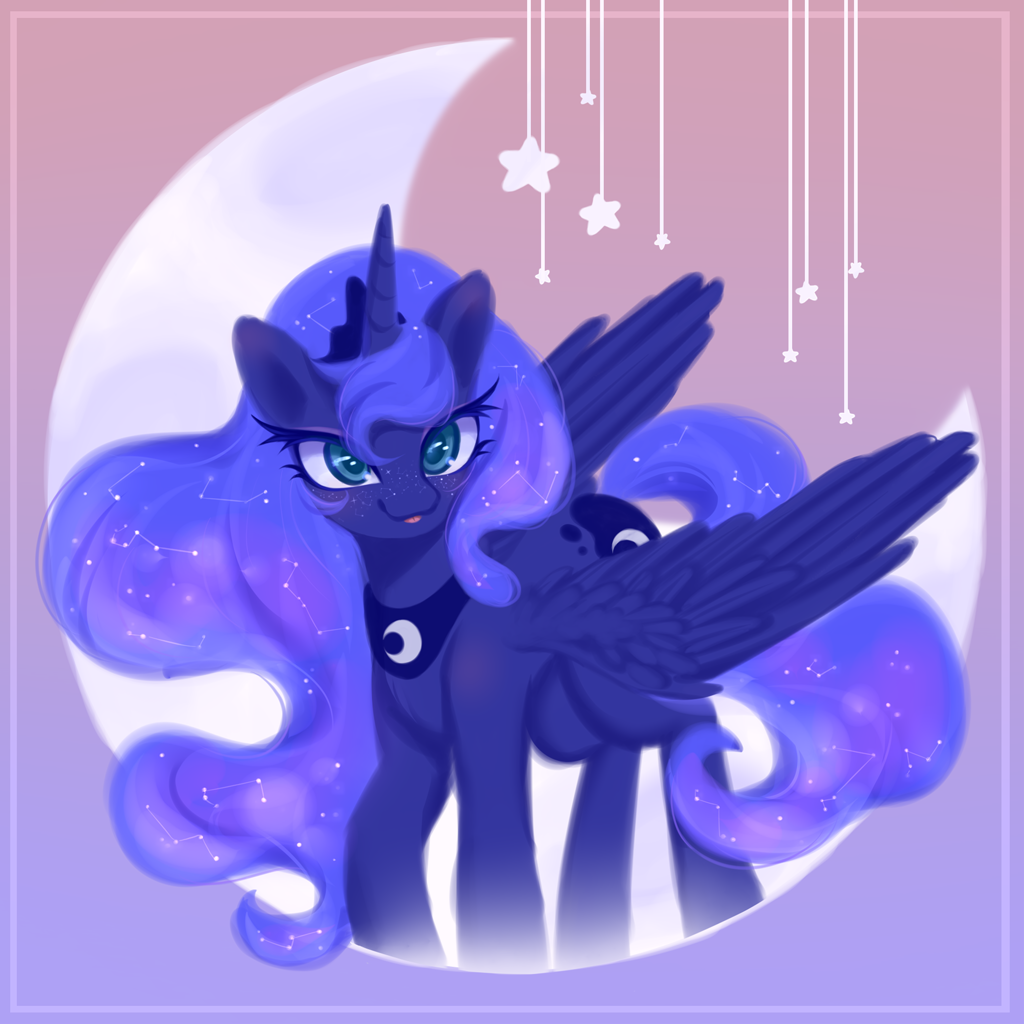 [:p,alicorn,constellation,crown,female,freckles,g4,jewelry,mare,moon,pony,princess luna,safe,solo,tail,regalia,tongue out,ethereal mane,gift art,gradient background,ethereal tail,star freckles,constellation freckles,artist:fuzzystarart]
