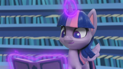 Size: 1920x1080 | Tagged: safe, twilight sparkle, alicorn, pony, g4, g4.5, my little pony: stop motion short, pinkie pie wants to play, book, cute, library, magic, magic aura, smiling, solo, twilight sparkle (alicorn), twilight's castle, twilight's castle library