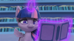 Size: 1920x1080 | Tagged: safe, twilight sparkle, alicorn, pony, g4, g4.5, my little pony: stop motion short, pinkie pie wants to play, book, concentrating, cute, library, magic, magic aura, solo, twilight sparkle (alicorn), twilight's castle, twilight's castle library