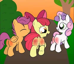 Size: 692x604 | Tagged: artist needed, safe, apple bloom, scootaloo, sweetie belle, earth pony, pegasus, pony, unicorn, g4, butt, butt tail, cutie mark crusaders, dock, female, filly, foal, plot, raised tail, reddened butt, spank mark, spanked, tail