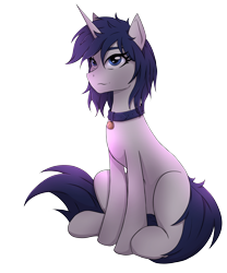 Size: 3322x4001 | Tagged: safe, artist:alicetriestodraw, oc, oc only, oc:mysza, pony, unicorn, 2023 community collab, derpibooru community collaboration, blue eyes, blue mane, collar, female, horn, mare, pet tag, simple background, sitting, solo, transparent background, unicorn oc, white fur