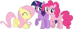 Size: 2532x1036 | Tagged: safe, artist:zslnews, fluttershy, pinkie pie, twilight sparkle, alicorn, earth pony, pegasus, pony, g4, ^^, eyes closed, female, folded wings, mare, open mouth, raised hoof, simple background, transparent background, trio, trio female, twilight sparkle (alicorn), vector, wings