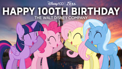 Size: 2560x1440 | Tagged: safe, artist:zslnews, fluttershy, pinkie pie, trixie, twilight sparkle, alicorn, earth pony, pegasus, pony, unicorn, g4, ^^, birthday, disney, disney 100, eyes closed, female, mare, open mouth, twilight sparkle (alicorn)