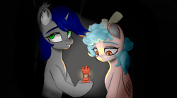 Size: 2000x1109 | Tagged: artist needed, source needed, safe, cozy glow, oc, pegasus, pony, unicorn, g4, duo, fanfic art, grin, lantern, rook, smiling