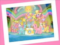 Size: 900x675 | Tagged: safe, screencap, cheerilee (g3), pinkie pie (g3), rainbow dash (g3), scootaloo (g3), starsong, sweetie belle (g3), toola-roola, earth pony, pegasus, pony, unicorn, g3, meet the ponies, rainbow dash's hat fashion party, bouquet, clothes, core seven, flower, flying, hat, looking at camera, raised hoof, spotlight