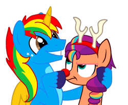 Size: 1556x1280 | Tagged: safe, artist:shieldwingarmorofgod, sunny starscout, oc, oc:shield wing, alicorn, earth pony, pony, g4, g5, alicorn oc, antlers, duo, female, g5 to g4, generation leap, holiday, horn, male, rudolph nose, rudolph the red nosed reindeer, simple background, transparent background, wings