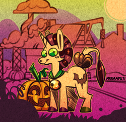 Size: 1143x1112 | Tagged: safe, artist:mrraapeti, oc, pony, unicorn, halloween, holiday, jack-o-lantern, male, pumpkin, solo, stallion