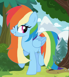 Size: 1280x1437 | Tagged: safe, artist:celiaurore, artist:mint-light, artist:mistymlp, rainbow dash, pegasus, pony, g4, alternate hairstyle, female, forest, grin, headcanon in the description, lidded eyes, mare, nature, next generation, smiling, solo, tree