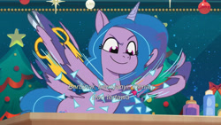 Size: 3072x1727 | Tagged: safe, screencap, izzy moonbow, pony, unicorn, equestria's got talent, g5, my little pony: tell your tale, spoiler:g5, spoiler:my little pony: tell your tale, spoiler:tyts01e69, eyebrows, female, indonesian, mare, raised eyebrow, scissors, smiling, solo, subtitles