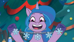 Size: 3072x1727 | Tagged: safe, screencap, izzy moonbow, pony, unicorn, equestria's got talent, g5, my little pony: tell your tale, spoiler:g5, spoiler:my little pony: tell your tale, spoiler:tyts01e69, cute, female, indonesian, izzybetes, mare, open mouth, open smile, smiling, solo, subtitles