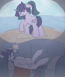 Size: 1020x1216 | Tagged: safe, artist:castafae, oc, oc only, oc:constellation cradle, pony, unicorn, beach, blanket, couch, covering, dream, drool, ears back, eye clipping through hair, female, floppy ears, grin, hooves to the chest, horn, lying down, mare, on back, pillow, ponytail, raised hoof, sleeping, smiling, solo, tail, tail covering, unicorn oc