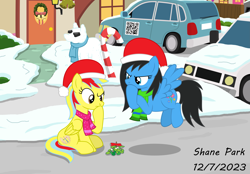 Size: 5625x3925 | Tagged: safe, artist:creedyboy124, oc, oc only, oc:michelle lightheart, oc:sarah lee, pegasus, pony, g4, candy, candy cane, car, christmas, clothes, duo, duo female, female, food, hat, holiday, mistletoe, santa hat, scarf, snow, snowpony, street, winter, wreath