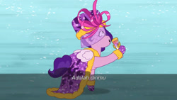 Size: 3072x1727 | Tagged: safe, screencap, pipp petals, pegasus, pony, equestria's got talent, g5, my little pony: tell your tale, spoiler:g5, spoiler:my little pony: tell your tale, spoiler:tyts01e69, :o, female, indonesian, mare, microphone, open mouth, solo, subtitles