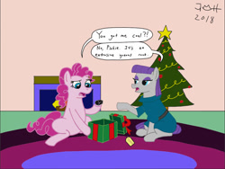 Size: 1024x768 | Tagged: safe, artist:jonispeculiar, maud pie, pinkie pie, earth pony, pony, g4, christmas, christmas tree, female, holiday, present, rock, siblings, sisters, tree