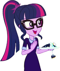 Size: 2105x2520 | Tagged: safe, edit, edited screencap, editor:homersimpson1983, screencap, sci-twi, twilight sparkle, human, equestria girls, g4, background removed, cake, clothes, dress, female, food, fork, glasses, high res, not a vector, ponytail, simple background, solo, transparent background