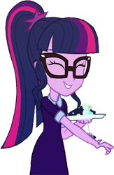 Size: 1638x2520 | Tagged: safe, edit, edited screencap, editor:homersimpson1983, screencap, sci-twi, twilight sparkle, human, equestria girls, g4, background removed, cake, clothes, dress, female, food, glasses, not a vector, ponytail, simple background, smiling, solo, transparent background