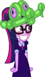 Size: 1472x2520 | Tagged: safe, edit, edited screencap, editor:homersimpson1983, screencap, gummy, twilight sparkle, equestria girls, g4, background removed, balloon, balloon animal, big smile, blushing, clothes, dress, female, not a vector, simple background, smiling, solo, transparent background