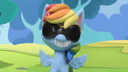 Size: 1920x1080 | Tagged: safe, screencap, rainbow dash, pegasus, pony, dance dance, g4, g4.5, my little pony: stop motion short, cute, grin, smiling, solo, sunglasses