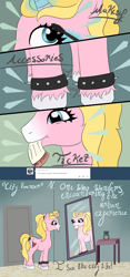 Size: 1280x2736 | Tagged: safe, artist:jillspencil, oc, oc:questrapolia, pony, unicorn, ask-questrapolia, female, magic, mare, mirror, mouth hold, solo, spiked wristband, ticket, wristband