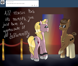 Size: 1280x1084 | Tagged: safe, artist:jillspencil, oc, oc only, oc:questrapolia, pony, unicorn, ask-questrapolia, female, mare, spiked wristband, sunglasses, ticket, wristband