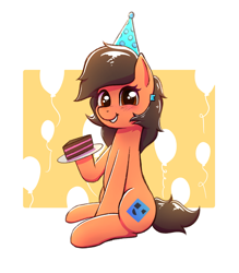 Size: 2469x2823 | Tagged: safe, artist:harukiicat, oc, oc only, oc:robertapuddin, earth pony, pony, balloon, cake, food, hat, high res, holding, looking at you, party hat, simple background, sitting, smiling, solo