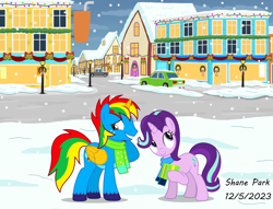 Size: 8723x6666 | Tagged: safe, artist:creedyboy124, starlight glimmer, oc, oc:shield wing, alicorn, pony, unicorn, g4, alicorn oc, clothes, female, horn, male, mare, outdoors, ponyville, scarf, shipping, snow, snowfall, stallion, straight, street, wings, winter