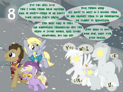 Size: 827x621 | Tagged: safe, artist:a-karet, artist:alexstrazse, artist:bronybyexception, artist:cloudy glow, artist:dashiesparkle, artist:misterlolrus, artist:mlpblueray, artist:rainbowrage12, artist:rhubarb-leaf, artist:tritebristle, artist:vector-brony, derpy hooves, dinky hooves, doctor whooves, time turner, earth pony, pegasus, pony, unicorn, g4, advent calendar, clothes, coat, crossover, doppelganger, female, filly, foal, fourth doctor's scarf, glowing, glowing eyes, hat, looking back, male, mare, scarf, snow, snowfall, snowpony, stallion, striped scarf, this will end in death, this will end in tears, this will end in tears and/or death, winter of 83