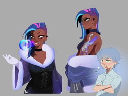 Size: 2515x1879 | Tagged: safe, artist:aztrial, allura, twitch (g5), human, g5, alternate hairstyle, backless, bucktooth, choker, clothes, coat, dark skin, duo, ear piercing, earring, evening gloves, female, gloves, gray background, helix piercing, humanized, jewelry, long gloves, male, open mouth, open-back sweater, piercing, shirt, simple background, sleeveless sweater, sweater, tattoo, virgin killer sweater