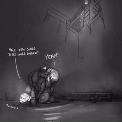 Size: 3000x3000 | Tagged: safe, artist:captainhoers, oc, oc only, pony, dialogue, duo, grayscale, high res, ladder, low angle, monochrome, spacesuit, this will end in pain