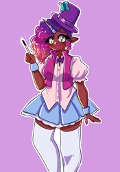 Size: 2100x3000 | Tagged: safe, artist:mylittleyuri, misty brightdawn, human, g5, clothes, commissioner:briarlight, cornrows, cursed, cute, dark skin, high res, horn, horned humanization, humanized, lipstick, magic wand, magician, magician outfit, skirt, solo, stockings, thigh highs